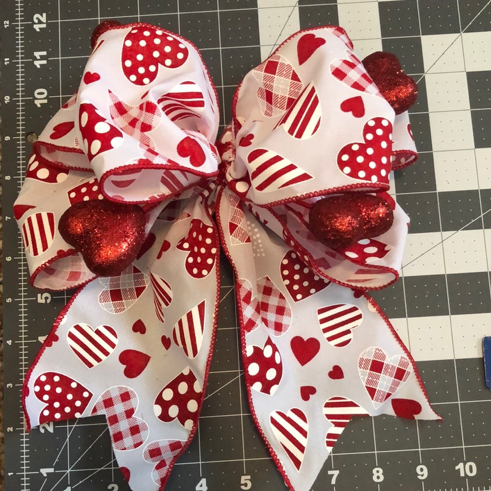 Handmade Valentine bow for lantern or wreath.  Hearts attached to bow.
